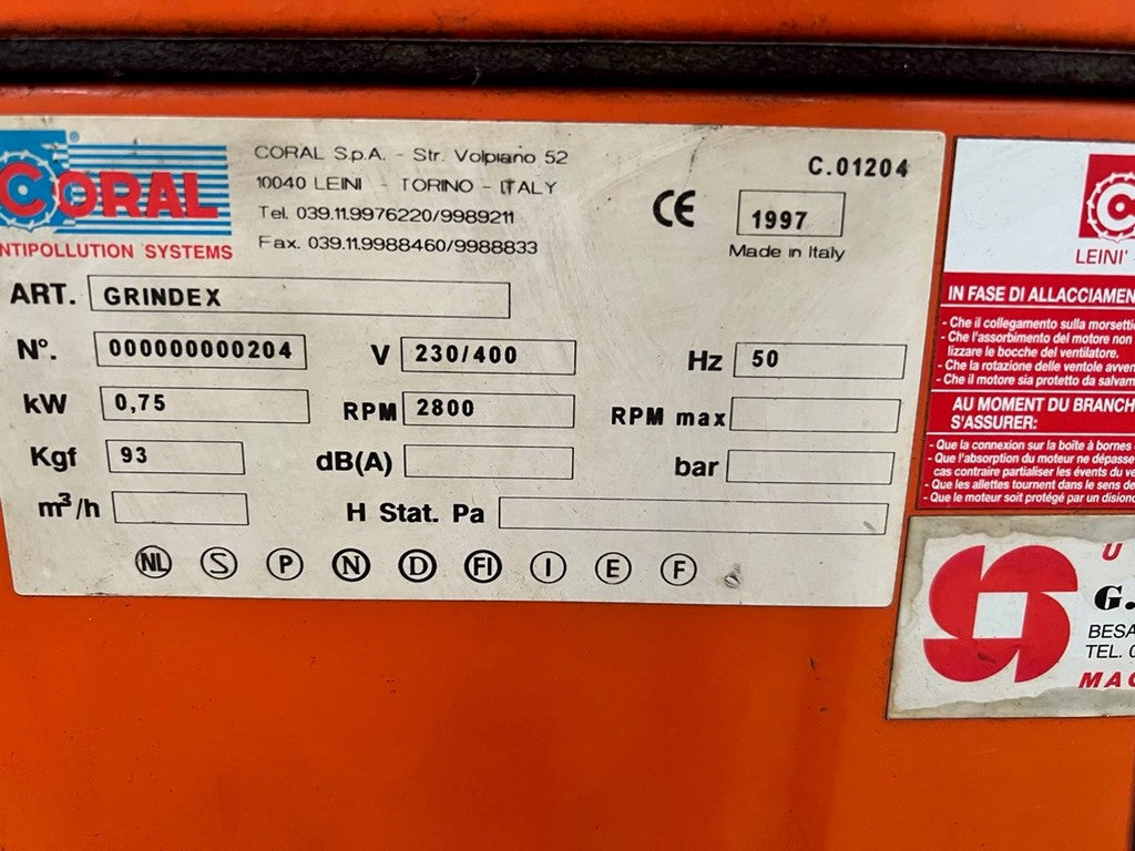 Filtro aspiratore per polveri di molatura a secco CORAL Grindex usato