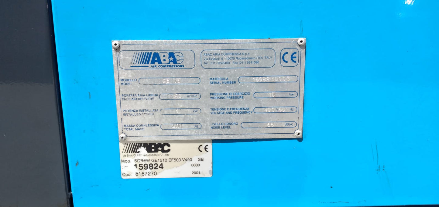 ABAC GENESISS GE15 – Compressore a vite 11 kW (15 HP) – 10 bar – 1500 l/min – Combinata con serbatoio + essiccatore integrato