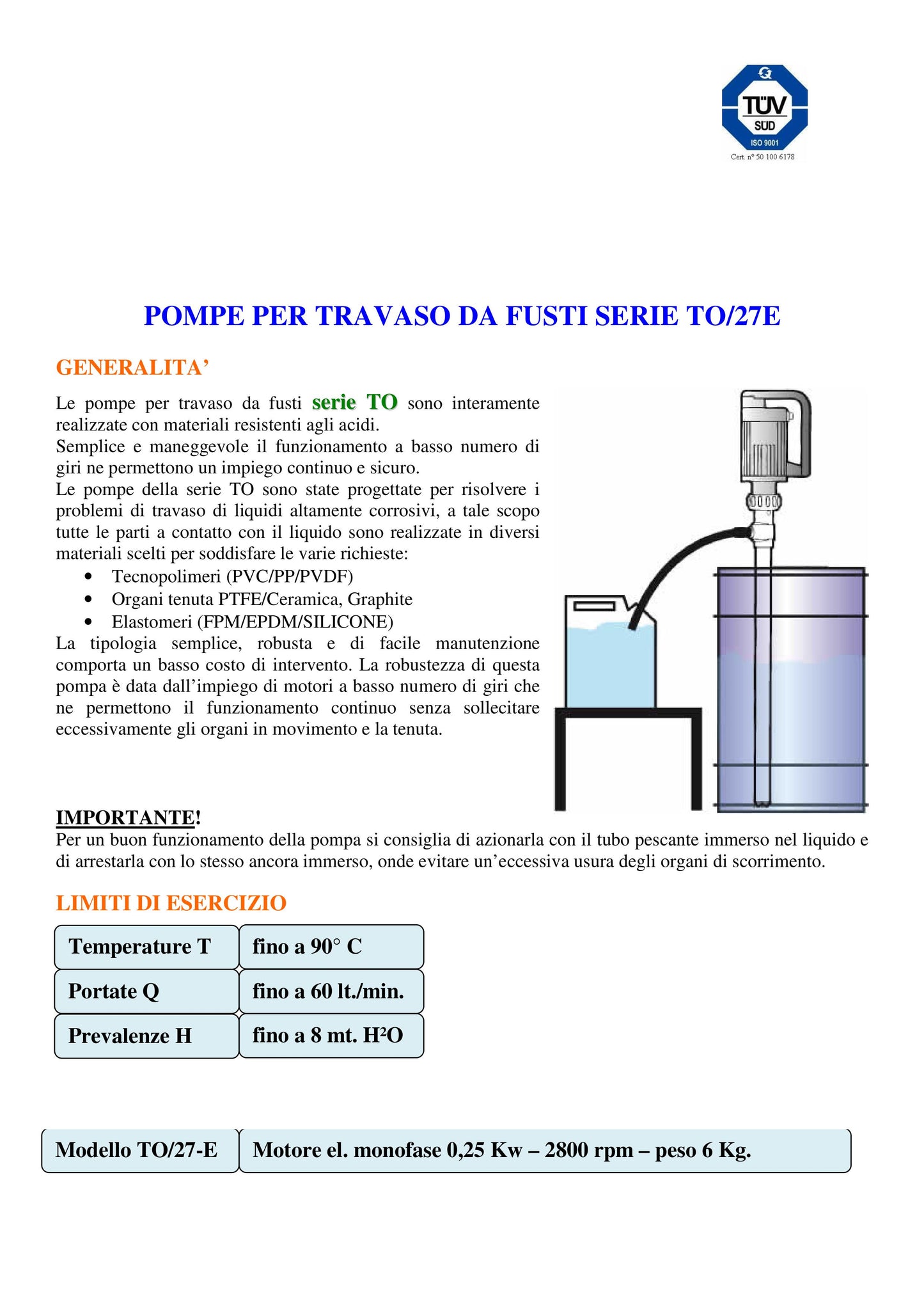 Pompa di travaso olii per fusti