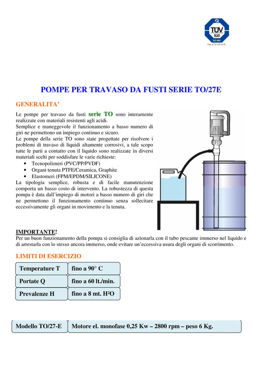 Pompa di travaso olii per fusti