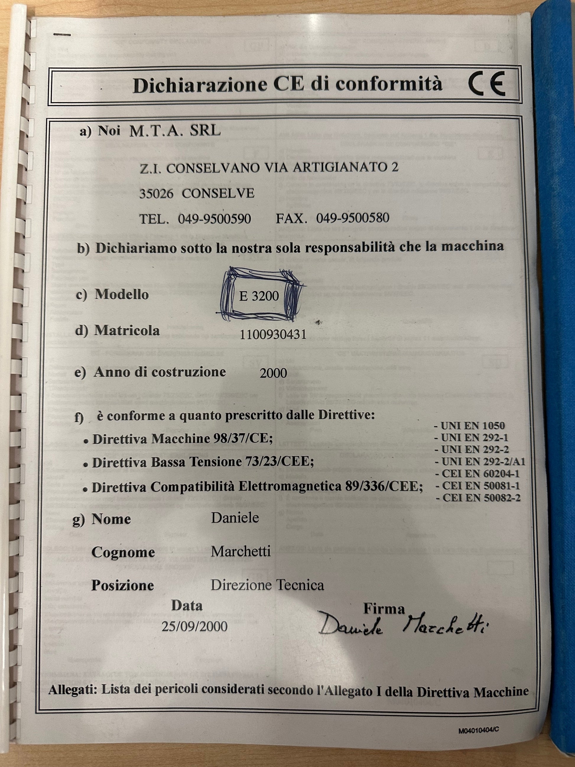 Gruppo essiccatore MTA E3200 per compressore aria usato il Metalmeccanico Di M
