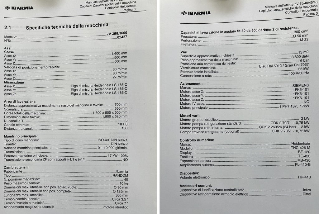 Centro di lavoro verticale a montante mobile IBARMIA ZV 35 L1600 usato