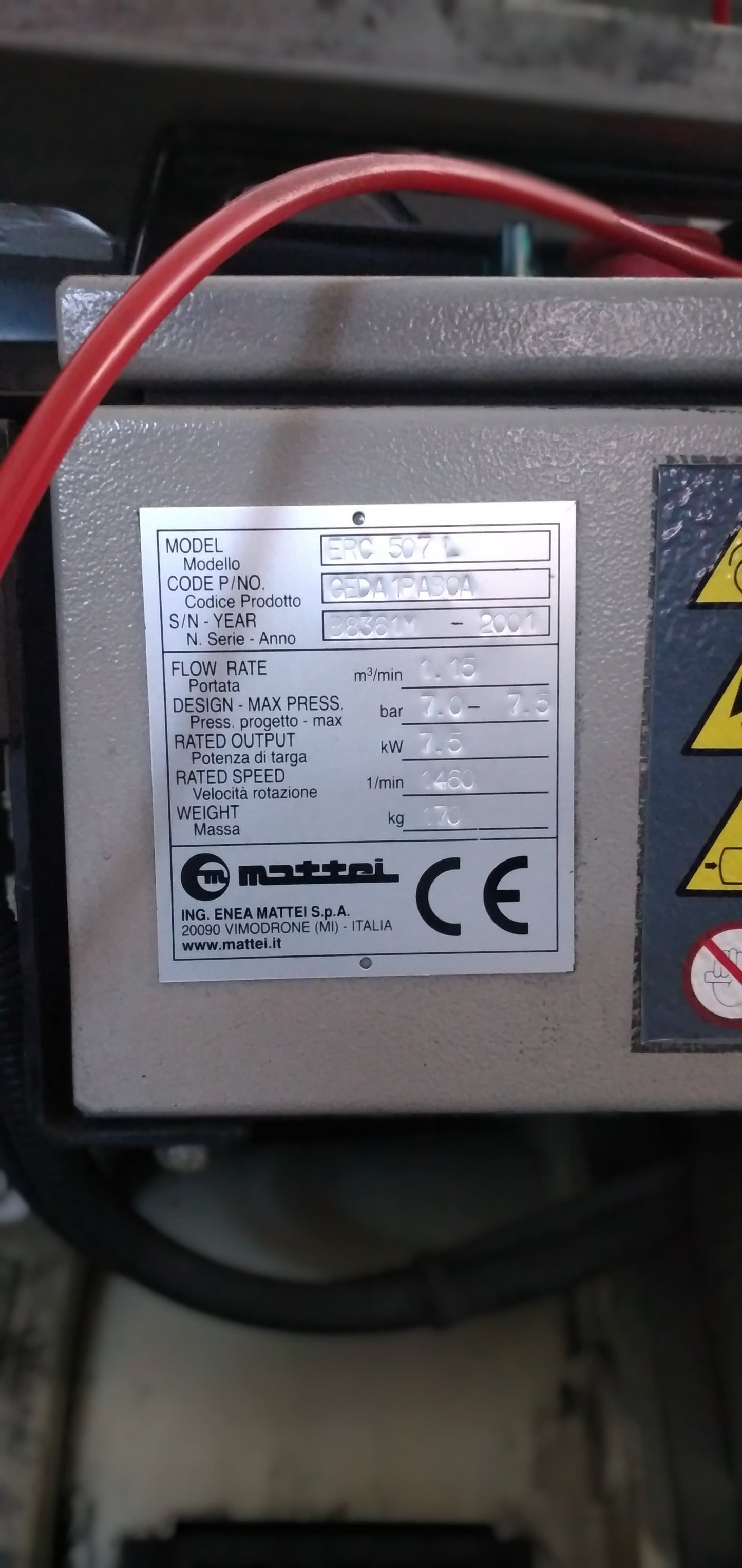 MATTEI ERC 507 L – Compressore a palette 7,5 kW (10 HP) – 7,5 bar – 1150 l/min – USATO REVISIONATO (0 ore) + GARANZIA 6 MESI il Metalmeccanico Di M