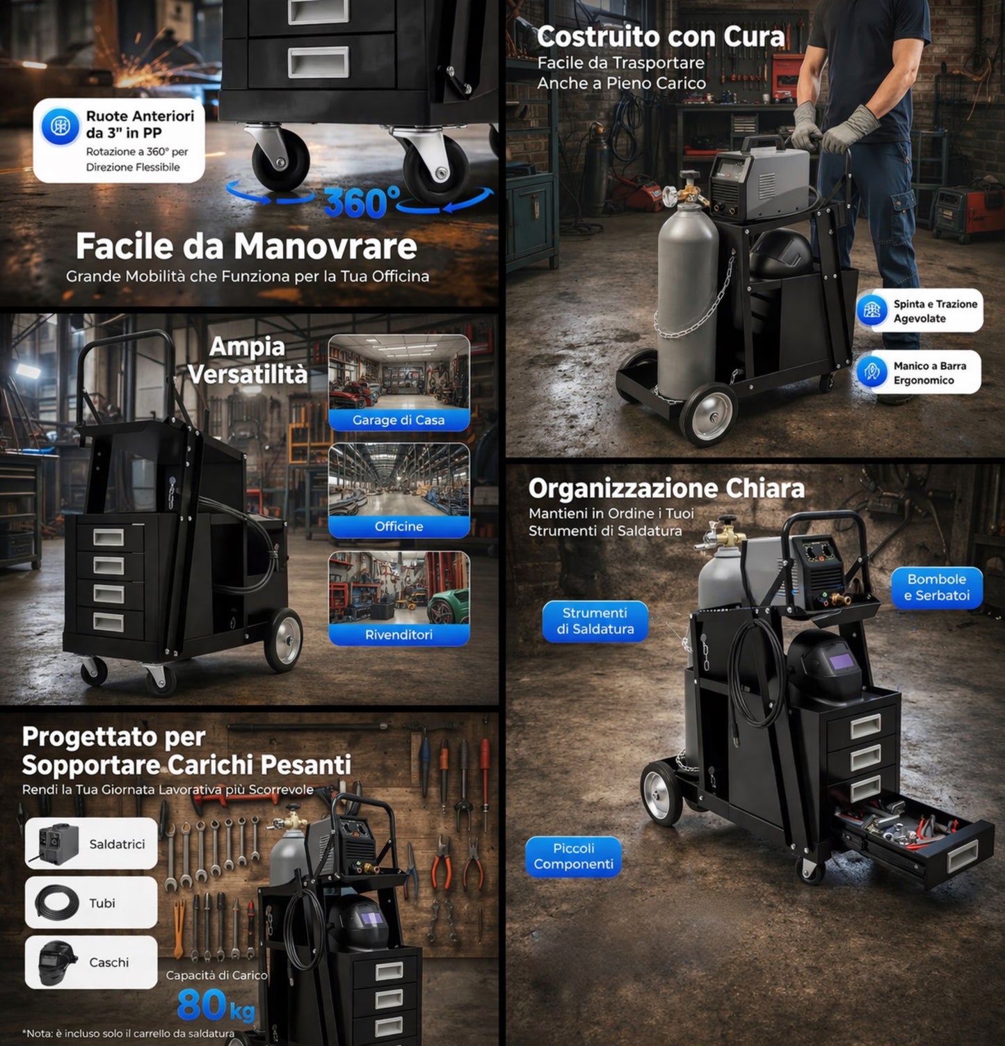 Carrello per saldatura con ruote e 4 cassetti porta saldatrice MIG TIG plasma il Metalmeccanico Di M