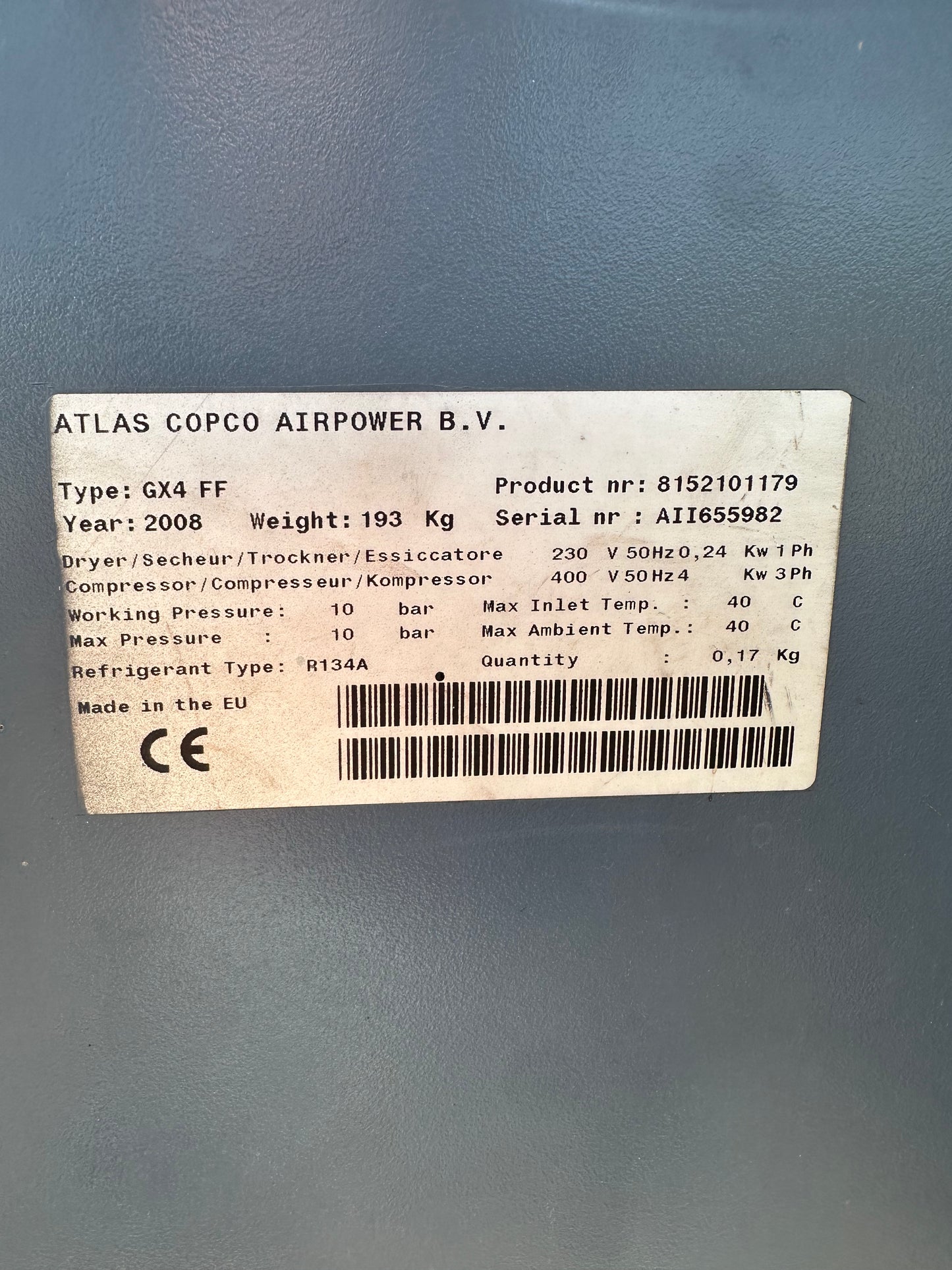 Compressore a vite Atlas Copco GX4 FF usato con essiccatore e serbatoio – 4 kW, 10 bar, anno 2008 il Metalmeccanico Di M