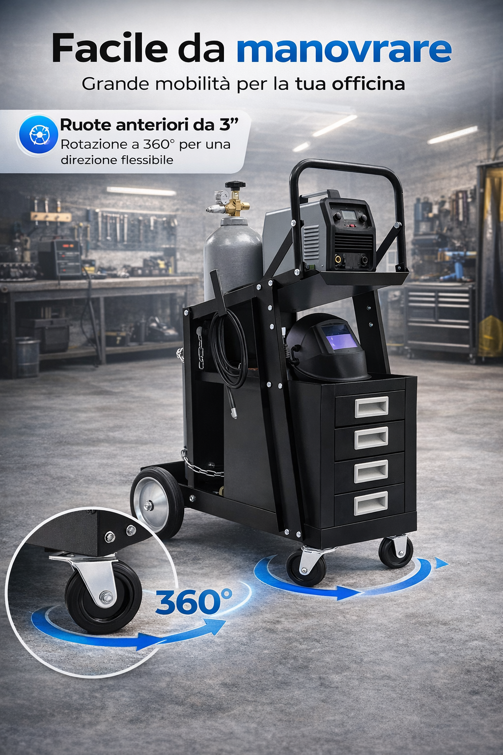 Carrello per saldatura con ruote e 4 cassetti porta saldatrice MIG TIG plasma il Metalmeccanico Di M